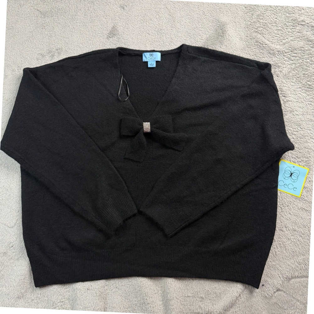 NWT CeCe Womens Black V-Neck Bow Rhinestone Embellished‎ Knit Sweater Size Large